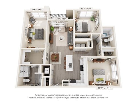 Floor plan for 3 beds, 2 baths, 1291 sqft